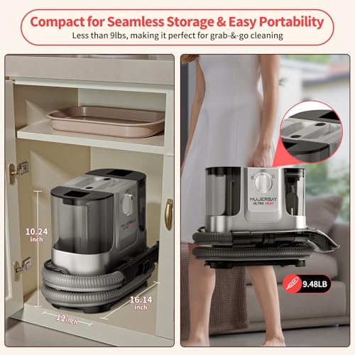 Image of UltraHeat Upholstery Carpet Cleaner, MUJERBAY 12Kpa Hot Mode Portable Spot and Stain Shampooer, Easy Move with 360Wheels & Handle, 1.18-inch Deep Cleaning Machine for Couch, Stairs, Car & Pet Messes