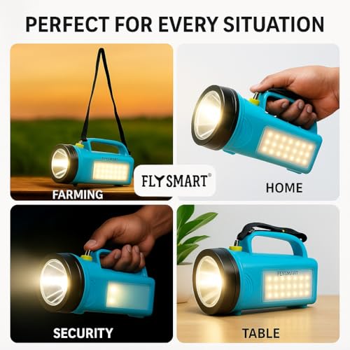 Image of Flysmart Bullet Dau Long Range LED Searchlight, Heavy Duty Emergency Torch with Powerful Focus Beam, Front Spotlight + Side LED Light, Free Flora AA Torch