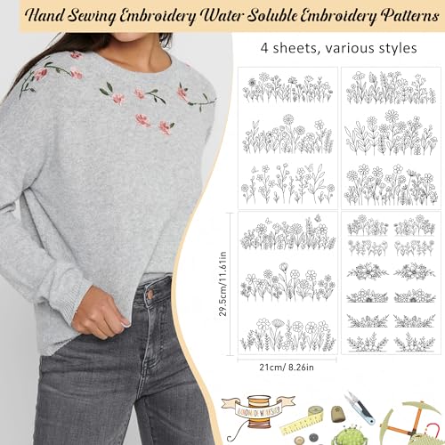 Water Soluble Stabilizer Embroidery Patterns - CRASHOT 4 Sheets Stick and Stitch Embroider Paper Wash Away, Flower Floral Daisy Butterfly Designs, Suprise for Hand Sewing Lover