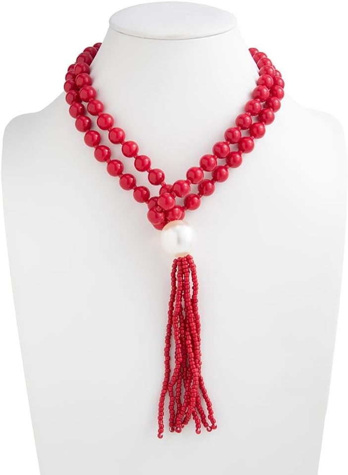 Chunky Red Beaded Necklace for Women Boho Pearl Tassel Long Necklace Acrylic Layered Black Beaded Strand Necklace Fashion Prom Jewelry Accessories