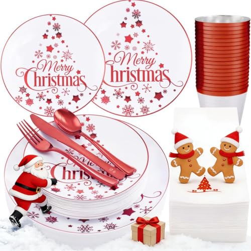 Morejoy 175PCS Christmas Plastic Dinnerware Set - White/Red Plates & Red Plastic Silverware Include 25 Plates, 25 Cups, 25 Forks, 25 Knives, 25 Spoons, 25 Napkins Perfect for Holidays