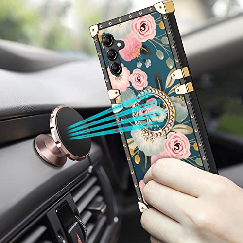 Honeyake For Samsung Galaxy A14 5G Square Case For Women With Ring Stand Holder Floral Luxury Soft Tpu Shockproof Protective Metal Reinforced Corner Phone Case Girls For Galaxy A14 6.6 Inch Flowers #TOP3