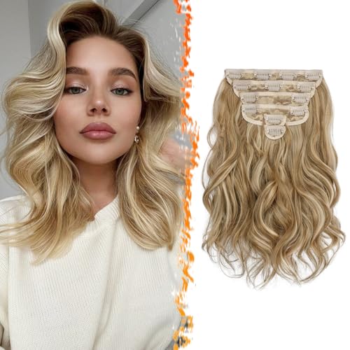 BARSDAR Extensiones de Clip de Pelo, 30cm 6 Piezas Corta Clip en Extensiones de Cabello Highlight para Mujeres Natural Sintética Clip en Postizos Cabello Extensiones - Rubio Dorado con Reflejos