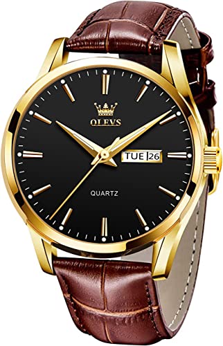 OLEVS Watches for Men Brown Leather Analog Quartz Fashion Business Dress Watch Day Date Luminous Waterproof Casual Male Wrist Watches Black Face -  YPFS-G6898PZ-QJH