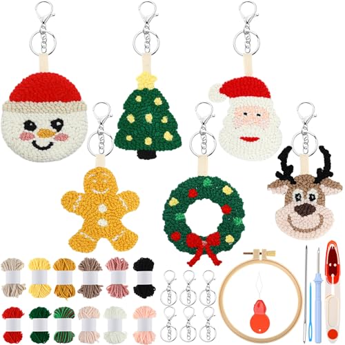 Image of WinnerWhy 6 Pcs Christmas Punch Needle Kit Adults Beginner Keychain Accessories Christmas Punch Needle Embroidery Kit Includes Patterns, Tools, Yarns, Hoop, Instruction, Easy Art Work Decor for Adult