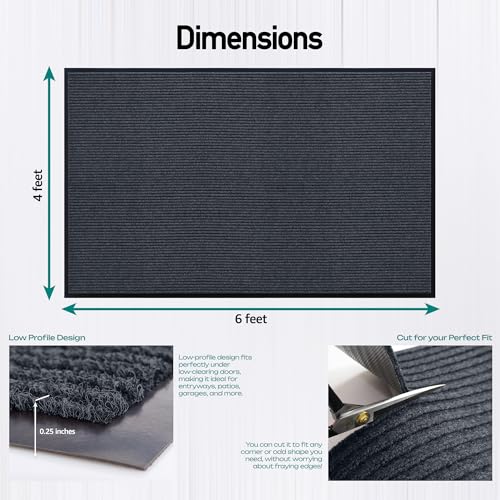 Image of Durable Rubber Door Mat - Heavy Duty, Indoor /Outdoor, Easy Clean, Waterproof, Low-Profile Mat for Entry, Patio, Garage - Stylish (Charcoal, 6' x 4' (Mud Trapper))