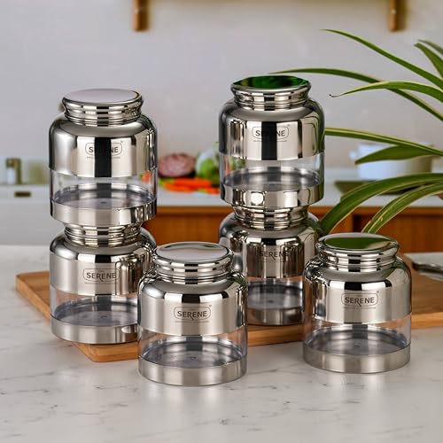 Image of Serene Stainless Steel Exotic See-Through Jar | Airtight Jars for Kitchen Storage | Premium Steel Jars with One Turn Lock Lid | Transparent Stainless Steel Containers | 650ML | 6 PC