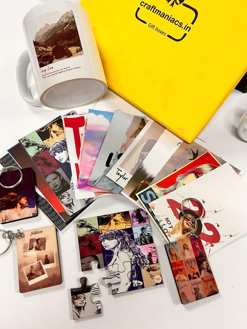 Taylor Swift Long Live Combo Hamper Mug, 16 LOMO Cards, ONE Wooden Puzzle & 3 Wooden Keychains for SWIFTIES | Ultimate Taylor SWIIFTIE Hamper
