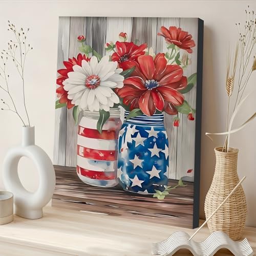Image of Framed American Flag Mason Jar Flower Wall Art, Patriotic Farmhouse Canvas Art Pictures, USA Flag Wall Decor, Made in USA Ready to Hang for Kitchen Living Room