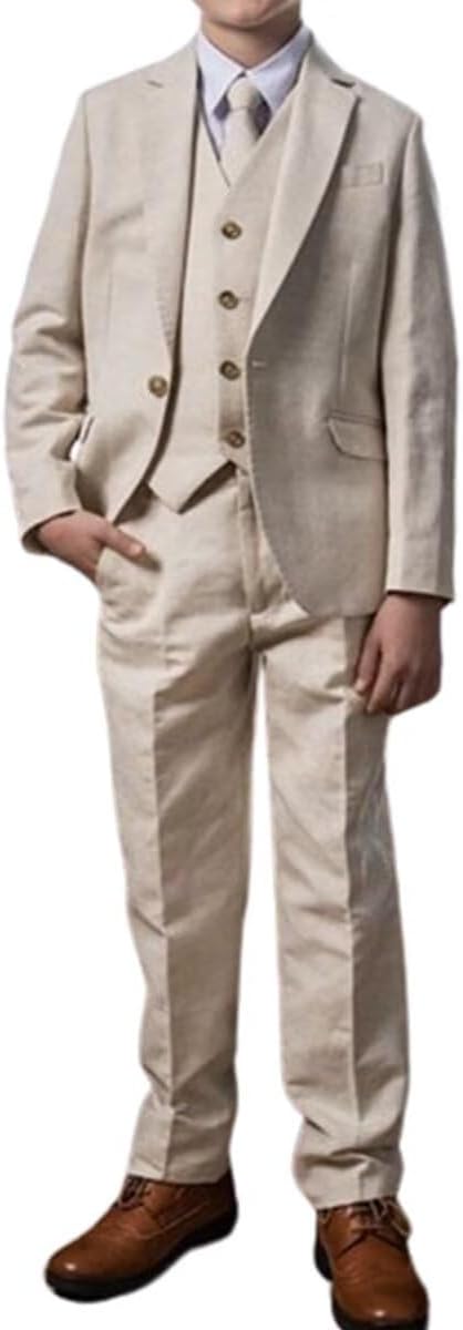 Boys 3 Pieces Summer Suit Beach Wedding Outfit for Boys Formal Linen Suit Kids Tuxedo Suits
