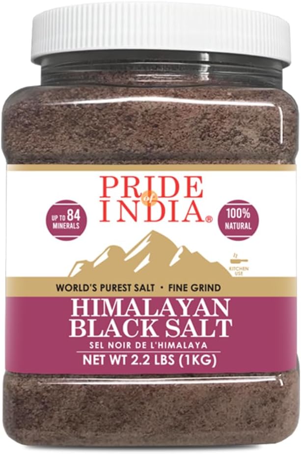 Pride Of India - Himalayan Black Rock Salt - Fine Grind, 2.2 Pound (1 Kg) - Kala Namak - Contains 84+ Minerals - Perfect for Cooking, Tofu Scrambles, Table, Kitchen, Restaurant, & Bathing Use