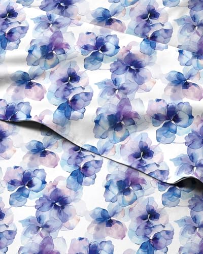 Image of Twin 3 Piece Floral Sheet Set - Soft, Breathable & Cooling - Blue Hydrangea