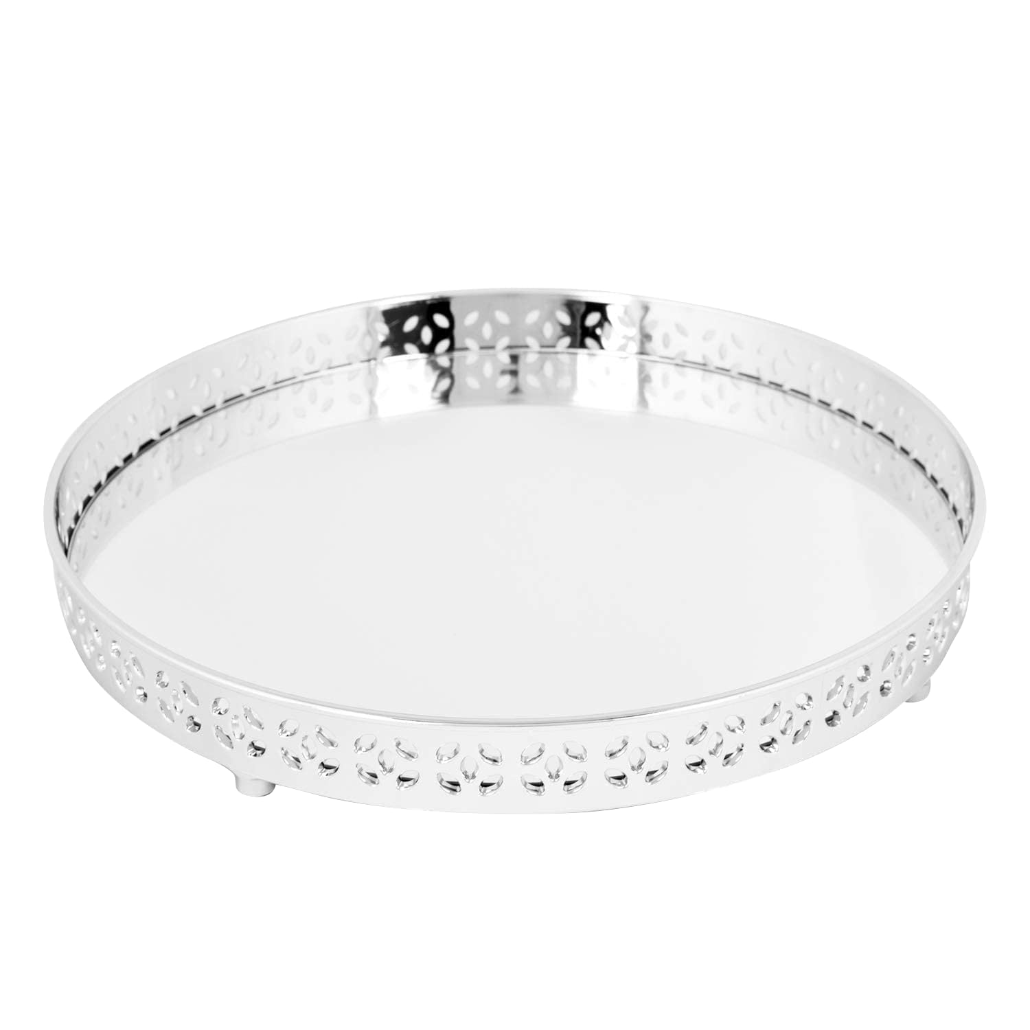 M1ss Silver Acrylic Crystal Clear Decorative Round Mirror Glass Tray - 28.5 Cm Diameter, Multi-Use Serving Tray For Jewelry, Cosmetics, Candles With Petal Design