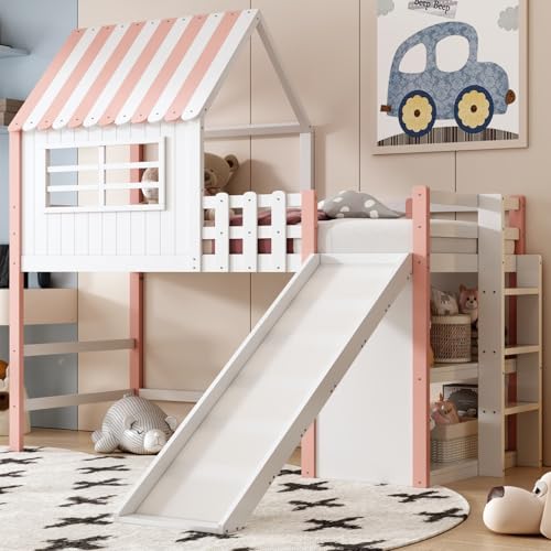 EURHCIO Lit Mezzanine Enfant 1 Place,Lit Cabane Enfant 90x200 avec Toboggan,Étagères,Haute Barrière de lit,pour Enfants Garçons Filles (B-Rose, 90x200)