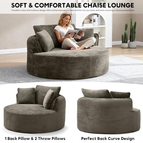 Image of Oversized Round Chair Lounge Chaise Indoor, 53.5 inch Upholstered Corduroy Deep Seat Single Cloud Sofa Chair, Fluffy Modern Large Circle Boneless Sleeper Sofa for Living Room, Bedroom, Camel