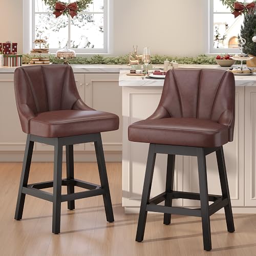 Image of YaFiti 26 inch Leather Swivel Bar Stool 1 pcs with Back & Solid Wood Leg, Brown | Faux Leather, Extra Upholstered Seat, Counter Stool, Square Solid Wood Legs, with Backrest & Footrest, for Kitchen Island Bar