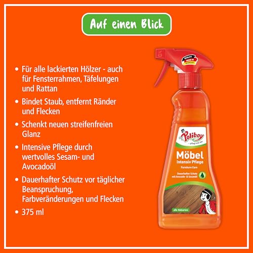 POLIBOY Möbel Intensiv Pflege - Pflegemittel für lackiertes Holz - Schützende und auffrischende Holzpflege - Farbneutral - 1x 375ml Sprühmatic - Made in Germany