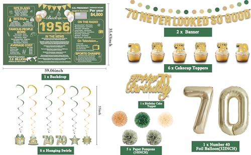 Image of Crenics Green and Gold 1956 70th Birthday Decorations for Men Women