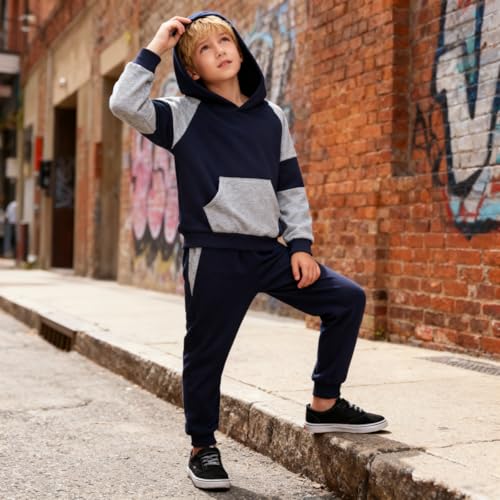 Image of 5-11Y Boys Clothes Long Sleeve Hooded Pullover Colorblock Sweatshirt + Pants 2pcs Fall Winter Outfit Set