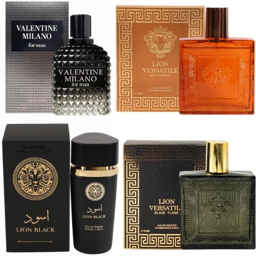 Signature Scent 4-Piece Mini Fragrance Set for Men Includes Lion Versatile/Lion Black/Lion black flame/Valentine Woody, Spicy, Citrus & Aromatic Fragrance Each One in 100ml / 3.4 Fl oz Bottle