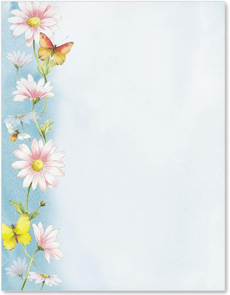 PaperDirect Spring Breeze Border Paper, Blue Border with Pink Flowers, Butterflies and Bumblebee Design, 8.5 x 11, Acid-Free, Stationery for Invitations, Flyers, Cards, 25 Sheets