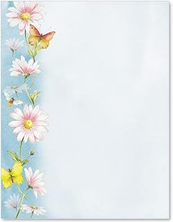 PaperDirect Spring Breeze Border Paper, Blue Border with Pink Flowers, Butterflies and Bumblebee Design, 8.5 x 11, Acid-Free, Stationery for Invitations, Flyers, Cards, 25 Sheets