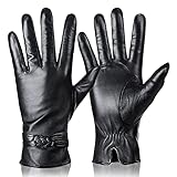 Womens Genuine Leather Gloves Winter Warm Cashmere Lining Touchscreen Texting Driving Motorcycle Dress Gloves Black