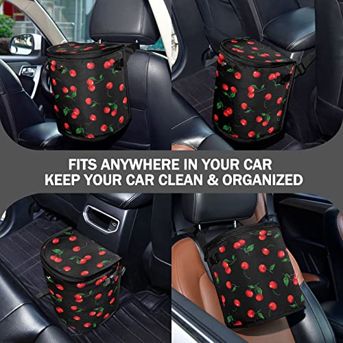 Image of Cherry Black Car Trash Can Watercolor Fruit Leaves Car Garbage Bag with Lid Hanging Waterproof Leak Proof Vehicle Storage Bin