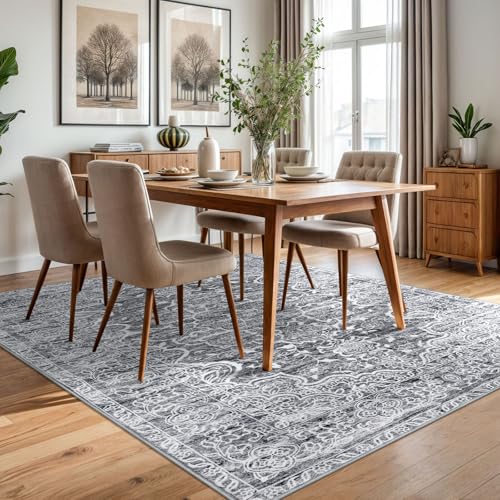 KUTA Vintage Area Rug 5x7 Grey White, Washable Rugs for Living Room Soft Non-Slip Printed Distressed Tribal Traditional Farmhouse Carpet for Bedroom Dining Room Dorm Office Home Decor