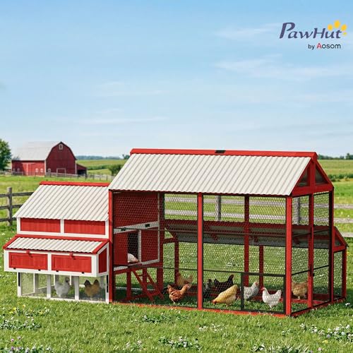 Image of PawHut 187.3 inch Large Chicken Coop, Walk-in Wooden Hen House, Outdoor Poultry Cage w /Shovel, Run, Waterproof Roof, Nesting Box, Perches, Chicken House for 10-15 Hens, Rabbits, Ducks, for Farm Backyard