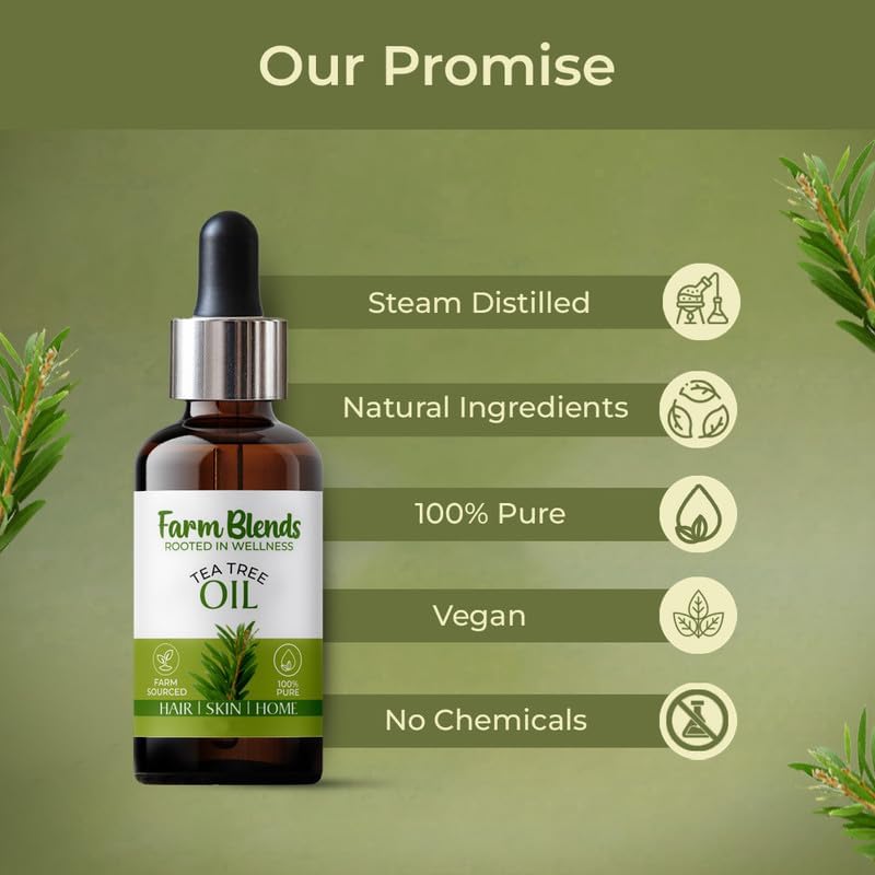 Image of Farm Blends Tea Tree Essential Oil 100% Undiluted Pure | Anti Dandruff, Anti Acne, Beard Care, Anti-Blemish, Boosts Energy, Diffuser| Farm To Home | Natural Australian | Melaleuca alternifolia|10ML + 10ML (Pack of 2)