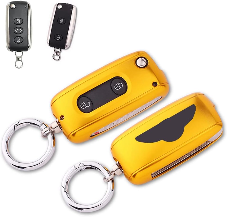 Premium Aluminum Metal Key Fob Case Cover for Bentley Continental GT GTC Mulsanne With Metal Key Ring Accessories, Gold, S