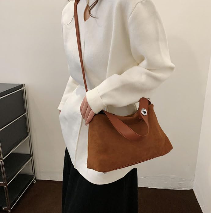 Image of Suede Shoulder Bags For Women Crossbody Bag Suede Tote Bag Satchels Slouchy Work Purses Crescent Handbag Fall Top Handle
