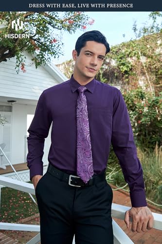 Image of HISDERN Mens Dress Shirt with Tie Pocket Square Set Classic Button Down Shirt Matching Tie Long Sleeve Shirts