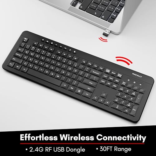 Macally Wireless Keyboard - 2.4G Ergonomic Full Size Keyboard Wireless - Ultra Slim Wireless USB Keyboard for Laptop Windows PC Windows Desktop Computer - Black