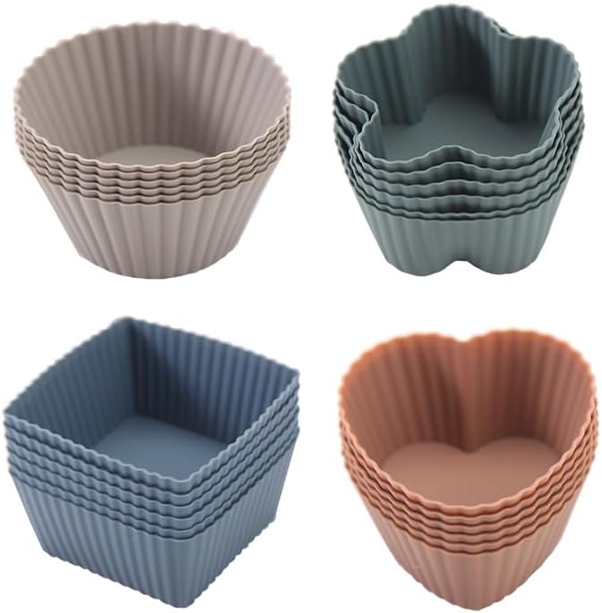 Paquete de 24 moldes de silicona para muffins de grado alimenticio para tartas  cuadrado, corazón, redondo, formas de flores, tazas reutilizables
