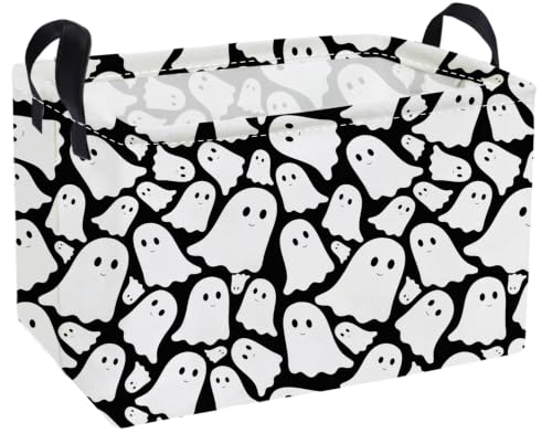 Image of Essme Rectangular Halloween Basket,Ghost Storage Bins Organizer with Handles for Room Decor, Gift Basket.(Black Cute Ghost)
