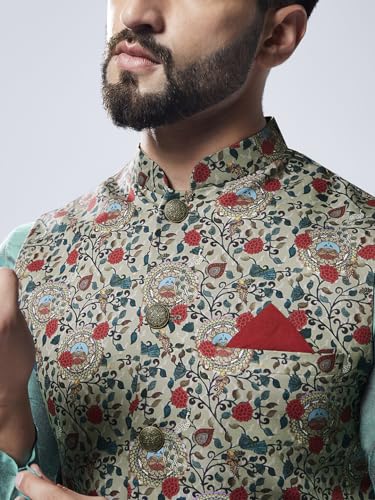 Image of KISAH Men Printed Kurta Jacket Set, Full Sleaves, Knee Length, Straight, Regular Fit, Mandarin Collar Ethnic Wear