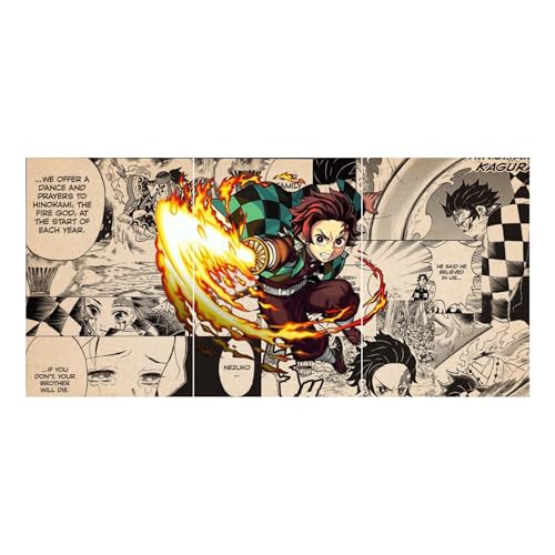 Image of Aniculture Demon Slayer Tanjiro Kamado Split Poster Set of 3, A4 Size Each - Panoramic Anime Wall Art Collage - 300 GSM Ultra HD Print Quality - Self-Adhesive - 24 x12 Inches Large Decor