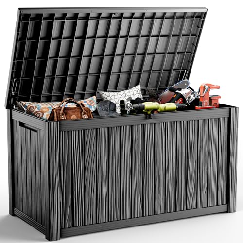 KFY 230 Gallon Outdoor Deck Box, Resin Waterproof Storage Box With Lockable Lid, UV-Resistant Multi-Purpose Outdoor Storage Bench for Patio Cushions, Garden Tools, Pool Accessories (Black)