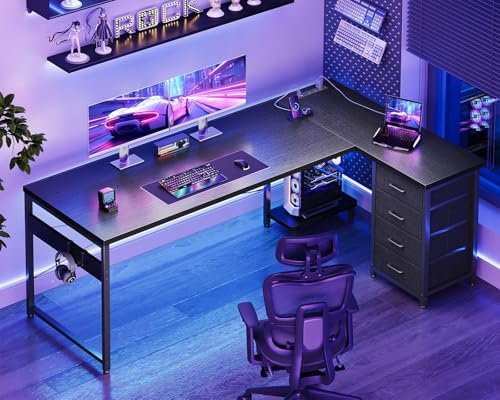 Image of AODK L Shaped Gaming Desk with 4 Drawers, 67 inch Reversible Home Office Desks with Power Outlets, L Shaped Computer Desk with USB Charging Port and Host Stand, Corner Desk, Easy to Assemble, Black