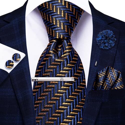 Image of Hi-Tie Formal Dark Blue Gold Ties for Men Classic Woven Neckties and Pocket Square Lapel Pin Silver Tie Clip Cufflinks Set Wedding Business 6PCS