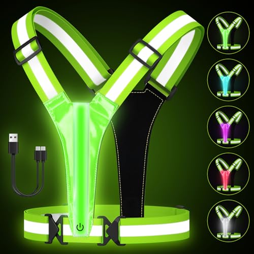 Fitense LED Gilet Catarifrangente Running - 5 Colori Luce Running Ricaricabile Gilet Running Alta visibilità per Camminare, Correre, Andare in Bicicletta, Regolabile per Uomini e Donne (Verde)