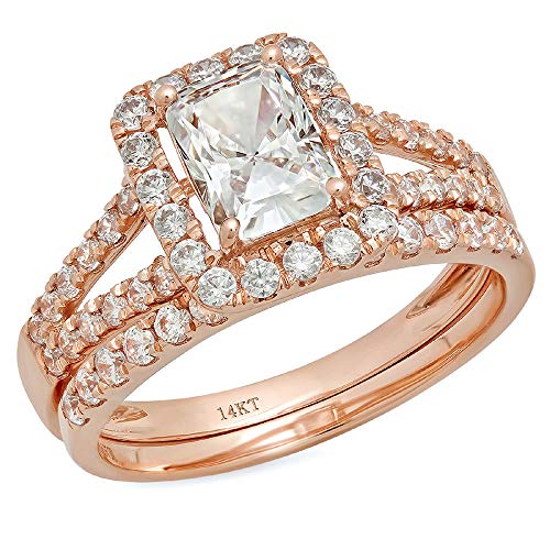 Clara Pucci 1.5 CT Emerald Cut Pave Halo Bridal Engagement Wedding Ring band set 14k Rose Gold, Size 4.75