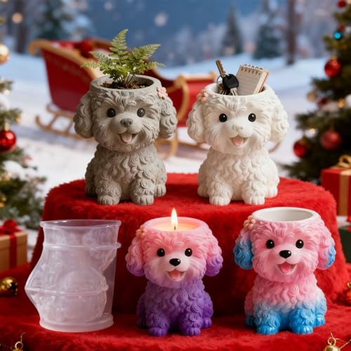 Image of SNOOGG Curly Poodle Puppy Silicone Mold for Resin Casting | Fluffy Dog Planter & Key Holder 3D Mold for Eco Resin, Epoxy, Concrete Crafts | Heavy Duty Reusable Silicone Mould for Home Decor