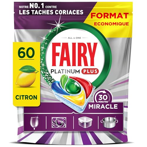 Fairy Platinum Plus Tablettes Lave-Vaisselle Tout-en-1, Miracle 30 Minutes, 60 Tablettes, Notre Nettoyant n°1 Pour Les Résidus Alimentaires Tenaces