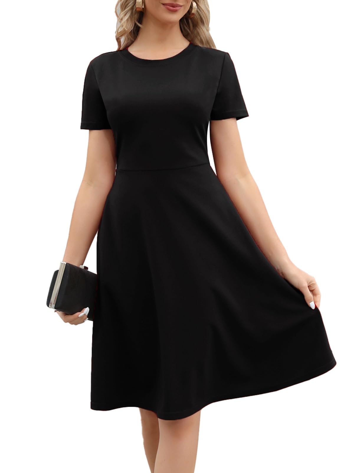 MSLG Black Dresses for Women 2026 Summer Business Casual Work Church Short Sleeve Knee Length A Line Funeral Little Dress with Pockets 162 L Black Solid