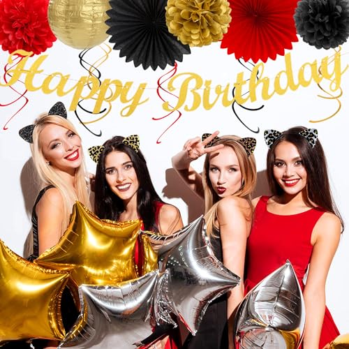 Image of Red-Black Gold Casino-Theme Birthday Party-Decorations - 21pcs Happy Banner,Game Night Paper Lanterns,Tissue Pom Poms Flower Fan,Honeycomb Ball,Swirl Streamers Garland Supplies Women Men Decor Huglony