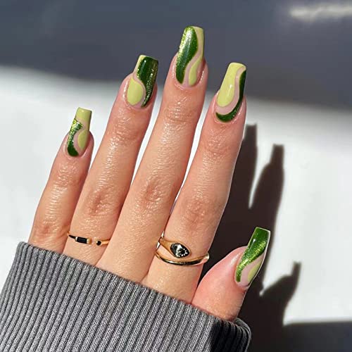 St. Patrick’s Day Press on Nail Medium Fake Nails Green Glitters Yellow Waves Designs Acrylic Nails Full Cover Green False Nails Exquisite Stick on Nails for Women Girls St Patricks Party Nail Art