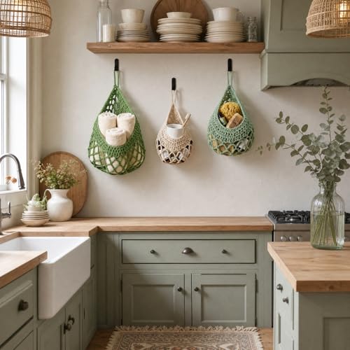 Image of Honeydak 3 Hanging Baskets, Spring Color, Crochet, Cotton Rope